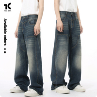 Jean tissé délavé coupe droite ample style urbain avec empiècements, boutons et rivets, idéal pour les fêtes, printemps, hiver, automne