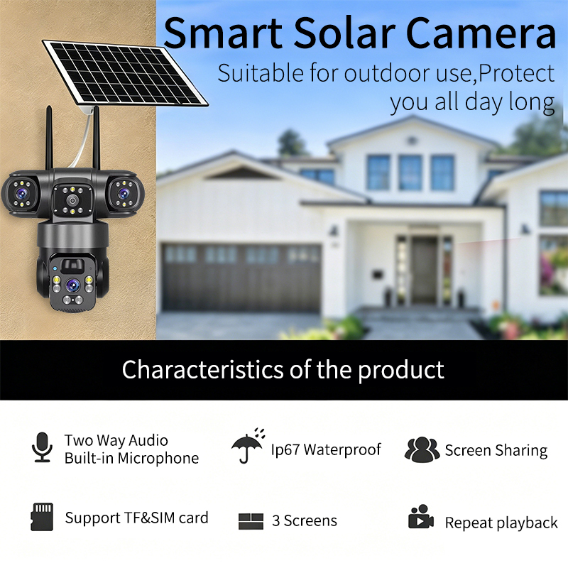 Wistino Outdoor 12MP HD Solar Battery Camera Three Lens Three Screen 360 ° Rotate Detection Alarm Solar 4G Camera · image 2