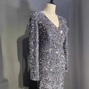 Elegant Mermaid Tail <b>Sequin</b> <b>Material</b> Evening Dress V-Neck Long Sleeve Slim Fit Party Prom Banquet Breathable Comfortable Size XL - Product Image 5