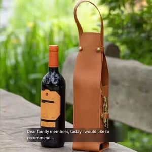 Single <b>Bottle</b> Leather Wine Tote Bag with Corkscrew Pocket, PU Leather Portable Wine Gift Carrier for Red Wine Champagne - Product Image 2