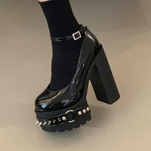 11cm High Platform Riveted Punk Large Patent Leather Women's Shoes Coarse <b>Round</b> <b>Toe</b> Size 43 Fashion <b>Heels</b> - Product Image 3
