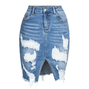 Hot Selling Damen Jeans röcke mit Loch Frauen Riss Quaste Design Schlank Sexy Jean Rock Blue Denim Hip Wickel rock