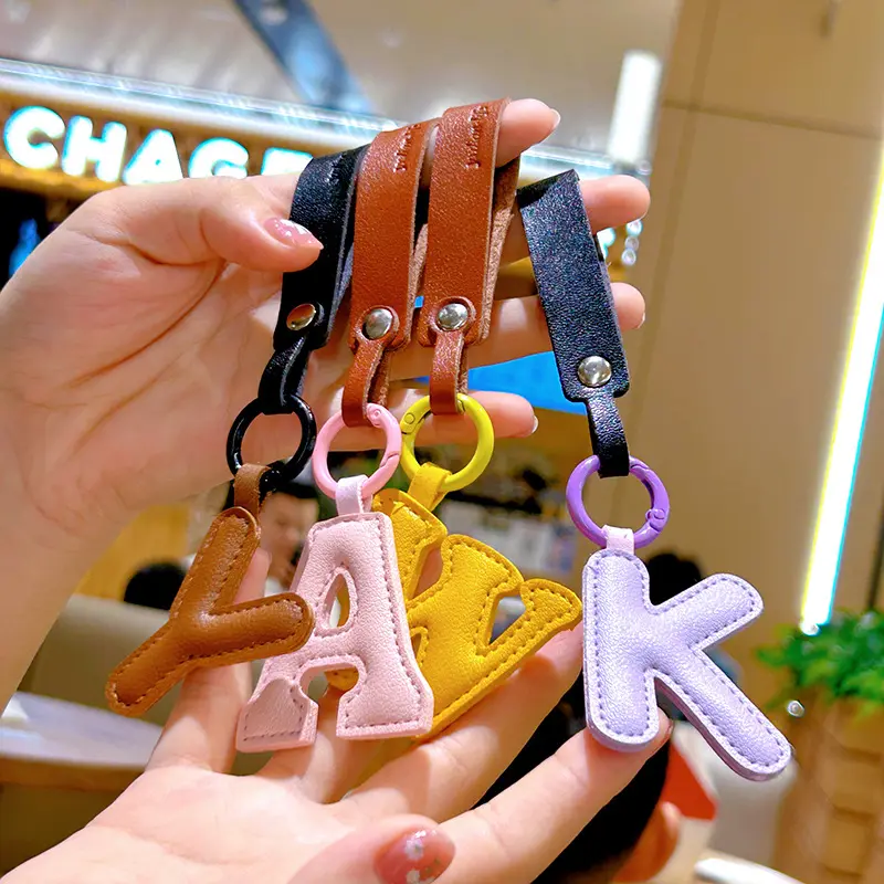 Promotional Gift Custom floral 26 A-Z Initial Letter Key Ring Handmade Leather Letters Keychain