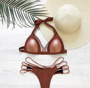 Women's Solid Color Crossed Halter Bikini Set High Waist Push Up Swimwear Hollow Out Design Stretch Two Piece Beachwear - Product Image 6
