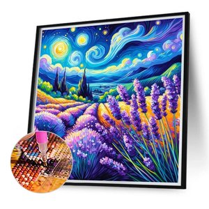 <span class=keywords><strong>Peinture</strong></span> Diamant 5D Personnalisable 40x40cm Nuit Étoilée Champ de Lavande Perles Rondes Décoration Murale DIY Cadeau Artistique pour la Maison et le Salon - Product Image 1