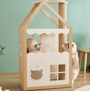 Villa pour chat en bois massif bicolore avec arbre à chat, lit pour chat et griffoir en sisal, maison pour chat en bois personnalisable - Product Image 1