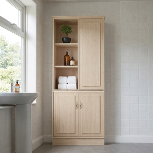 Mueble de Baño de Madera de Teca Rubio con Puerta Estilo Shaker y Estantes Laterales Abiertos - Product Image 1