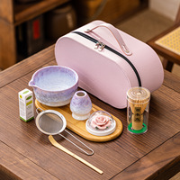 Nouvel ensemble d'outils chinois pour le matcha : Bol en céramique émaillée, fouet Chasen, support Hyakumoto et coffret cadeau en cuir