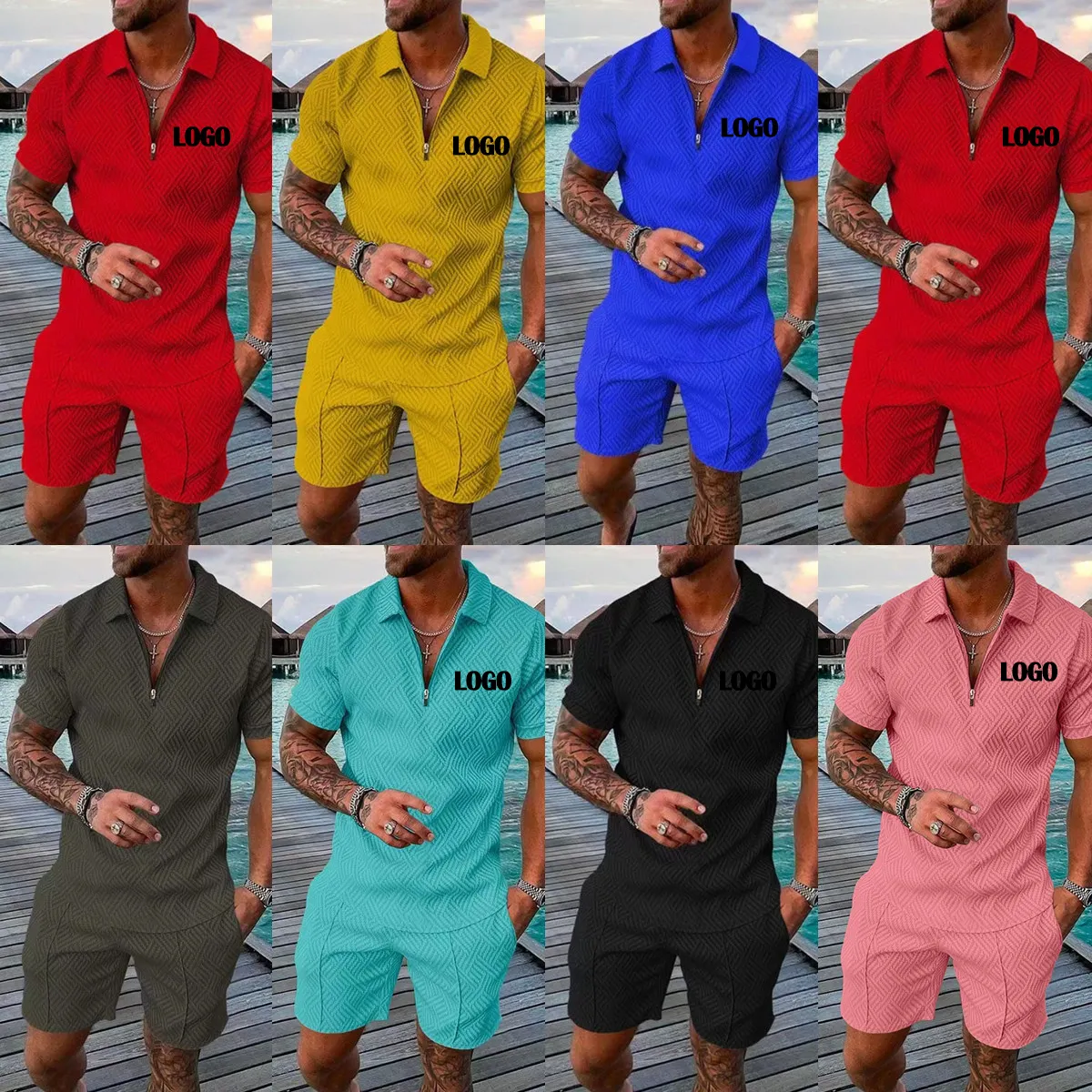 Yaz kıyafeti Polo Zip tam Set pamuklu giysiler Hombre spor giyim üst ve kısa plaj Jogger 2 parça eşofman erkekler setleri