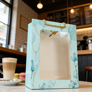 Bolsa de Regalo Ecológica de Papel con Ventana de Hoja de Eucalipto y Asa, Hecha de Cartón Blanco Grueso para Impresión a Color Certificada - Product Image 5