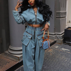 Women Plus Size Light Wash Denim Two Piece Set Cropped Zip Up Jacket High Waist Cargo Wide Leg Pants Streetwear - Product Image 1