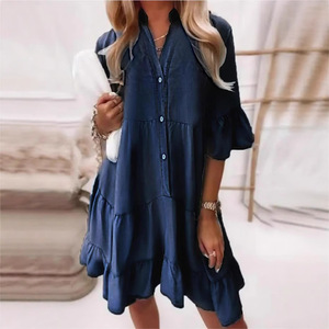 Mini Abito in Denim con Scollo a V e Maniche a Volant, Vestito Estivo da <span class=keywords><strong>Donna</strong></span> alla Moda, Abito Corto Boho a Strati per Spiaggia e Vacanze - Product Image 6