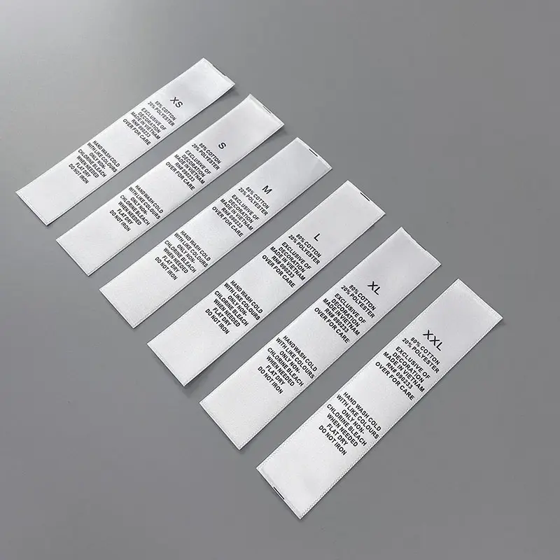 Grosir Label Cuci Putih XS-2XL Set Lengkap Label Perawatan Kualitas Tinggi Label Putih untuk Pakaian Cetak Logo Dicetak Poliester