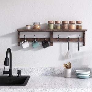 Wooden Wall <b>Shelf</b> With <b>Hooks</b> For Kitchen Storage Spice Rack Hanging Organizer Rectangle Shape Wall Mounted Type - Product Image 1