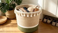 Panier de rangement en corde de coton tressée avec pompon, couvre-pot de plante décoratif, organisateur domestique pour jouets de bébé, couvertures et linge