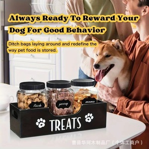 <b>Dog</b> <b>Treat</b> Storage Box With 3 Jars Wooden Desktop <b>Container</b> For Pet Food And Snacks Rectangular Handle Design Solid Color - Product Image 5