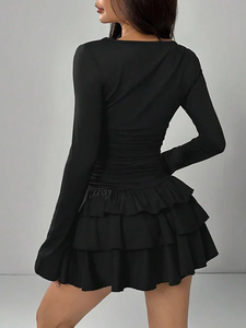 Elegantes Damenkleid mit Trompetenärmeln, Hoher Taille, Sexy Partykleid, Herbst-Winter Einfarbiges Figurbetontes Kleid mit Kaskaden-Rüschen, Mini-Kleid - Product Image 6
