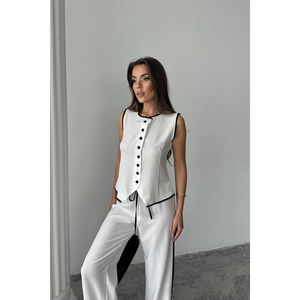 Conjunto de chaleco y pantalón de lino con bordes ribeteados en blanco para mujer, talla S - Product Image 2