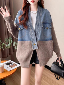 Viviblook Z1229TP01 Women Denim Spliced <b>Sweater</b> Jacket New <b>Loose</b> Knit Single Button <b>Knitted</b> Cardigan Coat Outerwear - Product Image 5