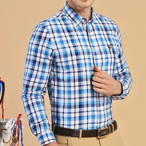 Camisa de <span class=keywords><strong>Hombre</strong></span> 100% Algodón, Camisa de Manga Larga a Cuadros, Camisas Polo con Diseño Bordado - Product Image 1