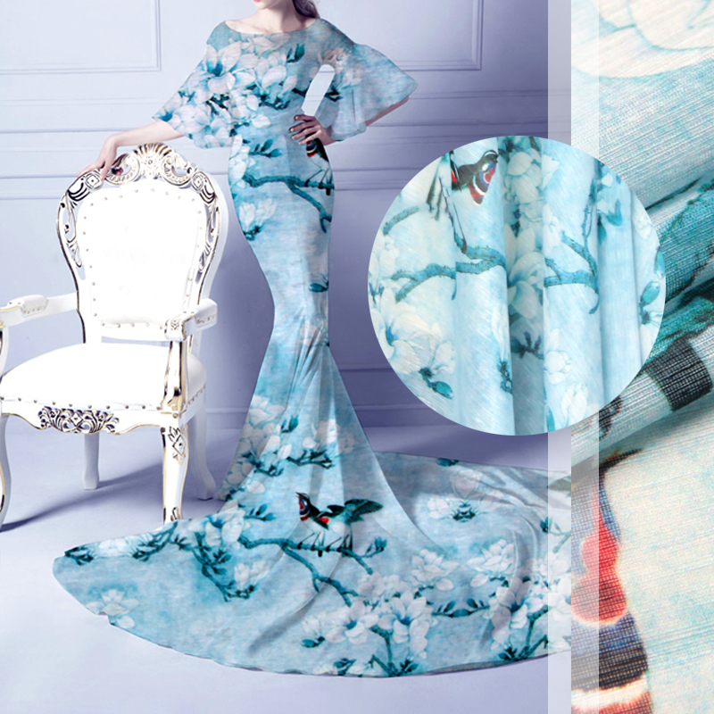 Оптовая продажа с фабрики, сине-белая Цветочная цифровая струйная печать, шелковая льняная парчовая ткань