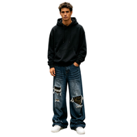 Jean en denim déchiré à jambe large, coupe vintage, effet vieilli, avec patch camouflage, style streetwear