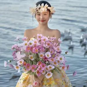 ילדה יפה עם פרג משי 2 ראש 53 ס""מ גבוה פרחים מלאכותיים פרג לחתונה קישוט הבית