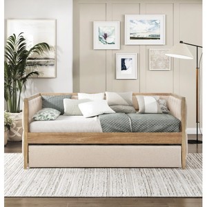 1pc Three Seat Daybed with Trundle Beige Chenille Upholstery Wooden <b>Frame</b> Modern Hotel Villa Furniture Sofa Bed - Product Image 6
