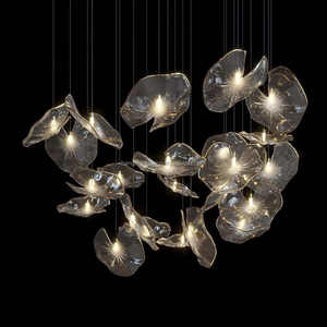 高級アートガラスリーフシャンデリア天井ペンダントライトヴィラホームデコレーション吹きガラスLED照明レストランホテルシャンデリア - Product Image 5