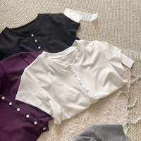Kaos Wanita O-Neck Lengan Pendek Lucu Polos Lembut Slim-fit Gaya Amerika Retro Manis Kancing 100% Katun Musim Semi