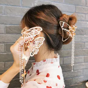 Holle Gouden Blad Kwastje Mode Parel Haarclips Accessoires Voor Vrouwen Vlinder Haarclip Verstelbare Metalen Klauw Clips