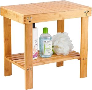 Banc de Spa en bambou tabouret de siège en bois repose-pieds tabouret de rasage avec étagère de rangement pour salle de bain salon tabouret de toilette siège de bain - Product Image 1