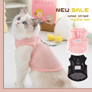Chaleco de tracción con rayas recortadas para gatos y perros pequeños, arnés transpirable de verano para mascotas, rosa y negro - Product Image 1