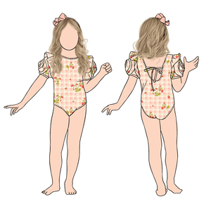 Costume da bagno Little Glow Kid personalizzato estivo da spiaggia per bambine, con spalline incrociate sul retro, maniche a rosa, ad asciugatura rapida - Product Image 3