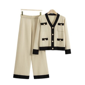 Women Knitted <b>Sweater</b> <b>Set</b> With V Neck And Pockets Cream Black Trim Casual Wear - Product Image 4