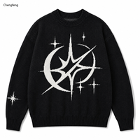 Pull en maille à col rond et épaules tombantes pour homme, style rétro streetwear, motif jacquard lune et étoile scintillant, manches longues