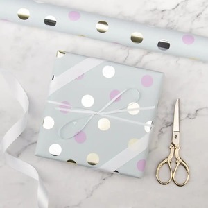 Custom Eco-Friendly Digital Printing Compatible Cheers Gift <b>Wrap</b> Rolls <b>Pink</b> Stripes Gold Dots Metallized Paper Double-Sided - Product Image 6