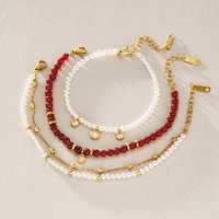 Bracelet à perles superposées en acier inoxydable plaqué or 18 carats J&D, agate rouge, fausse perle, pendentif CZ, réglable, bohème, élégant, bijoux pour femmes