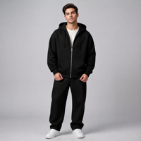 Sudadera con capucha negra de algodón grueso con cremallera completa, logotipo personalizado, hombros caídos, estilo oversize, bolsillo canguro y puños acanalados.