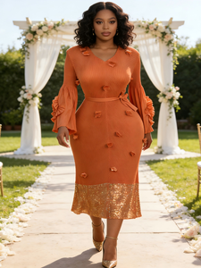 Wholesales Flared Sleeve V-neck Solid Color Shining <strong>Sequins</strong> Pleated Dress Elegant Casual <strong>Plus</strong> <strong>Size</strong> Miyaki Party Women's Dress - Product Image 3