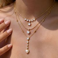 Collier chaîne à maillons en verre transparent plaqué or, style classique, avec pendentif cœur mignon et perle, pour femme - Vente chaude