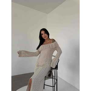 Vestido de punto maxi para mujer, modelo 1515, color S Bey, con hombros descubiertos y manga larga - Product Image 2