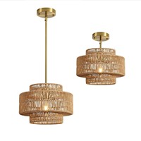 Lampe suspendue en corde tressée multicouche, best-seller, style bohème minimaliste, faite à la main, ronde, hauteur réglable, télécommande, dorée