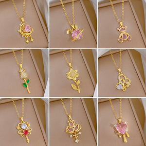 <span class=keywords><strong>Collier</strong></span> Pendentif Classique Tendance en Acier Inoxydable Plaqué Or 18K PVD Brillant avec Zircons, Fleur, Coquille, Cœur, Croix et Papillon pour Femme - Product Image 2