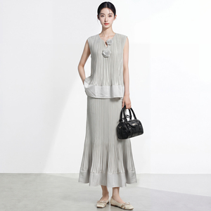 Ensemble jupe et haut plissé sans manches en crêpe pour femme, style coréen, col rond, couleur unie, coupe régulière, décontracté, longueur cheville, printemps-été, minimaliste - Product Image 3