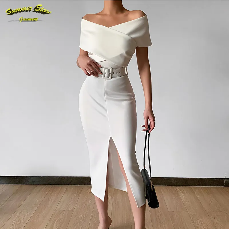 Newest Style Elegant Simple Off Shoulder Dress High Waist Solid Short Sleeve Belt Slit Skirt Bodycon Long Maxi Dress