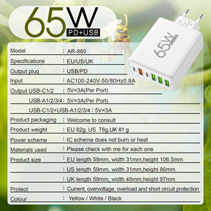 Logotipo personalizado 65W Adaptador <span class=keywords><strong>USB</strong></span> 45W Cargador rápido eléctrico para iPhone Laptop QC3.0 USBC Travel Carga rápida UE/EE. UU. Enchufe Cargador de pared - Product Image 3
