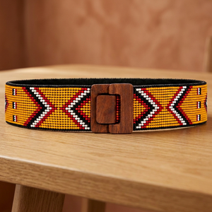 Cinturón Étnico Bohemio Trenzado con Cuentas, Patrón Geométrico, Hebilla de Madera Elástica, Ancho, Accesorio de Moda - Product Image 3