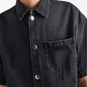 Chemises en jean pour hommes, coupe ample, 100% coton, noir délavé, manches courtes, fermeture boutonnée - Product Image 5