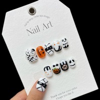 Design #996 vente en gros ongles artificiels Halloween noir et blanc citrouille fantôme peinture à la main 3D court rond mignon Nail Art